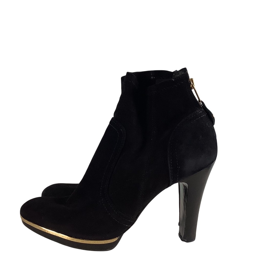 Tory Burch Black Suede Gold Trim Logo Zip Ankle Boots Size 9.5 M